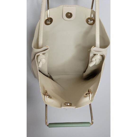 Zara Tote Bag Large Ivory Jade Faux Leather Gold Metal Handles Shoulder Purse - Picture 5 of 7